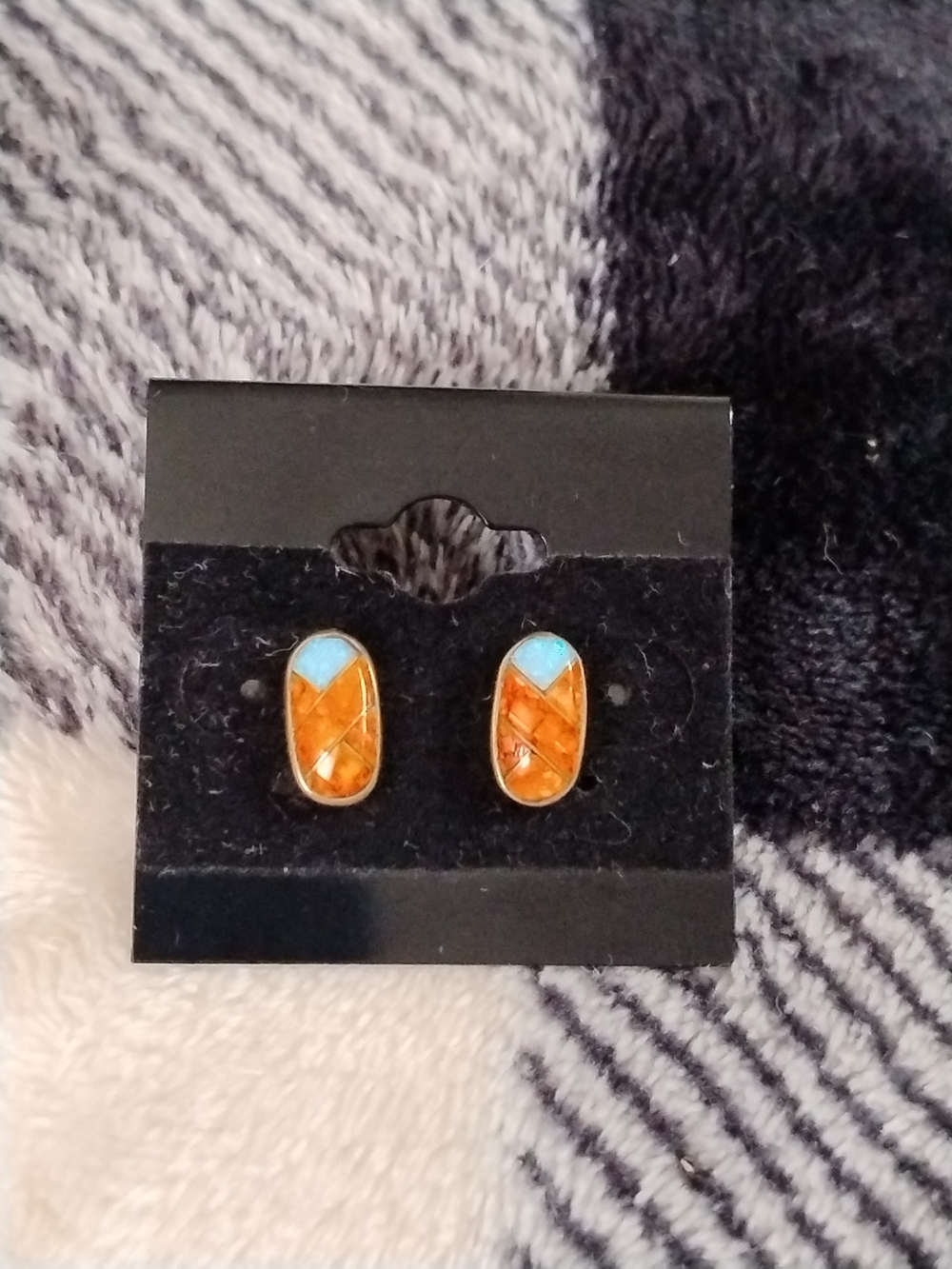 Orange and Turquoise Inlaid Stone Stud Earrings - Picture 6 of 6
